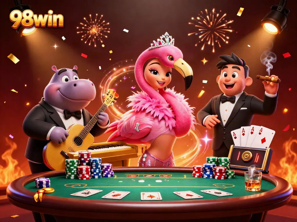 Engage with vibrant action in 98win's casino world featuring lively characters and rich game elements.
