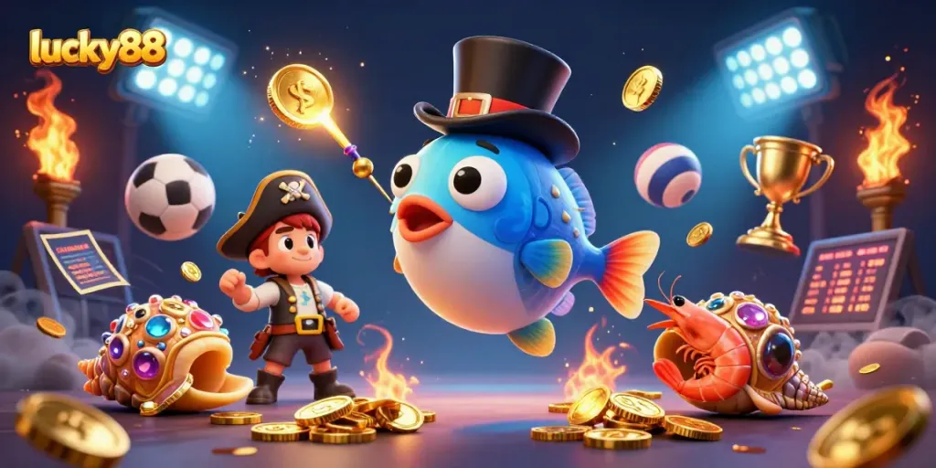Engage with lucky88's vibrant gaming world as the anglerfish attracts golden coins amidst dynamic sports elements.