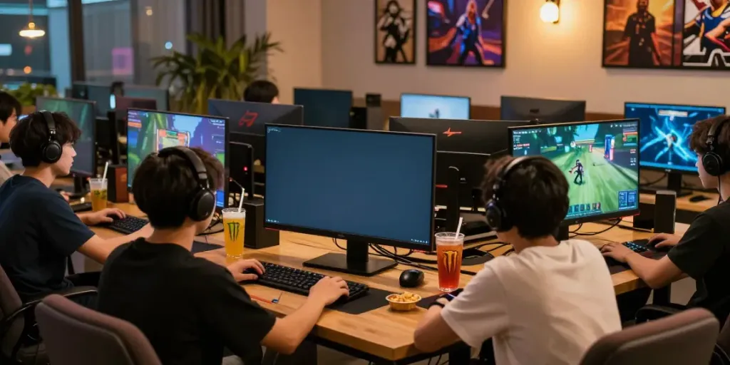 Friends enjoying a thrilling gaming session around monitors in a lively atmosphere at kilat 404.