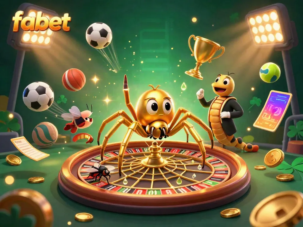 Immerse in fabet's thrilling casino action with a dynamic 3D illustration featuring a golden spider and lively game elements.