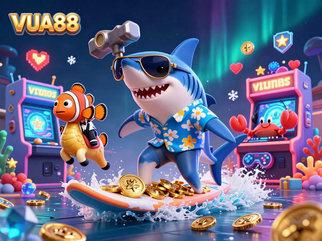 Surf on VUA88's golden waves in a vibrant 3D casino illustration filled with arcade game excitement.