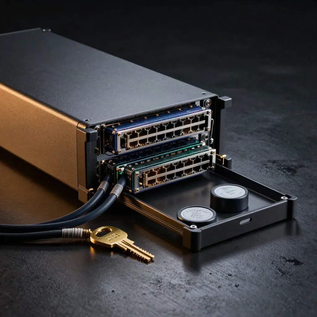Serwer rack, szuflady NVMe, przewody Ethernet i klucze na ciemnym, dramatycznym tle.