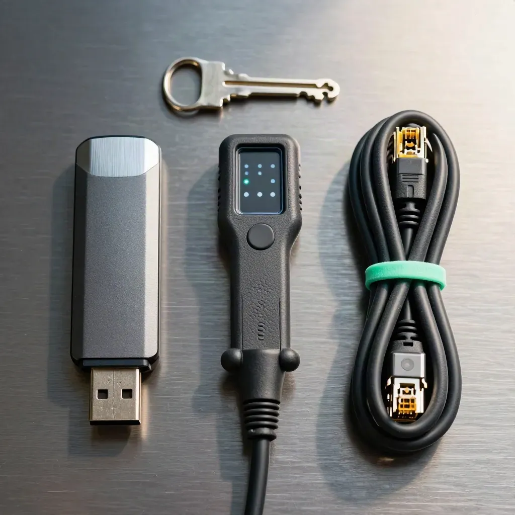 Widok z góry: tester kabla, pendrive i dwie skrętki na szczotkowanym metalu