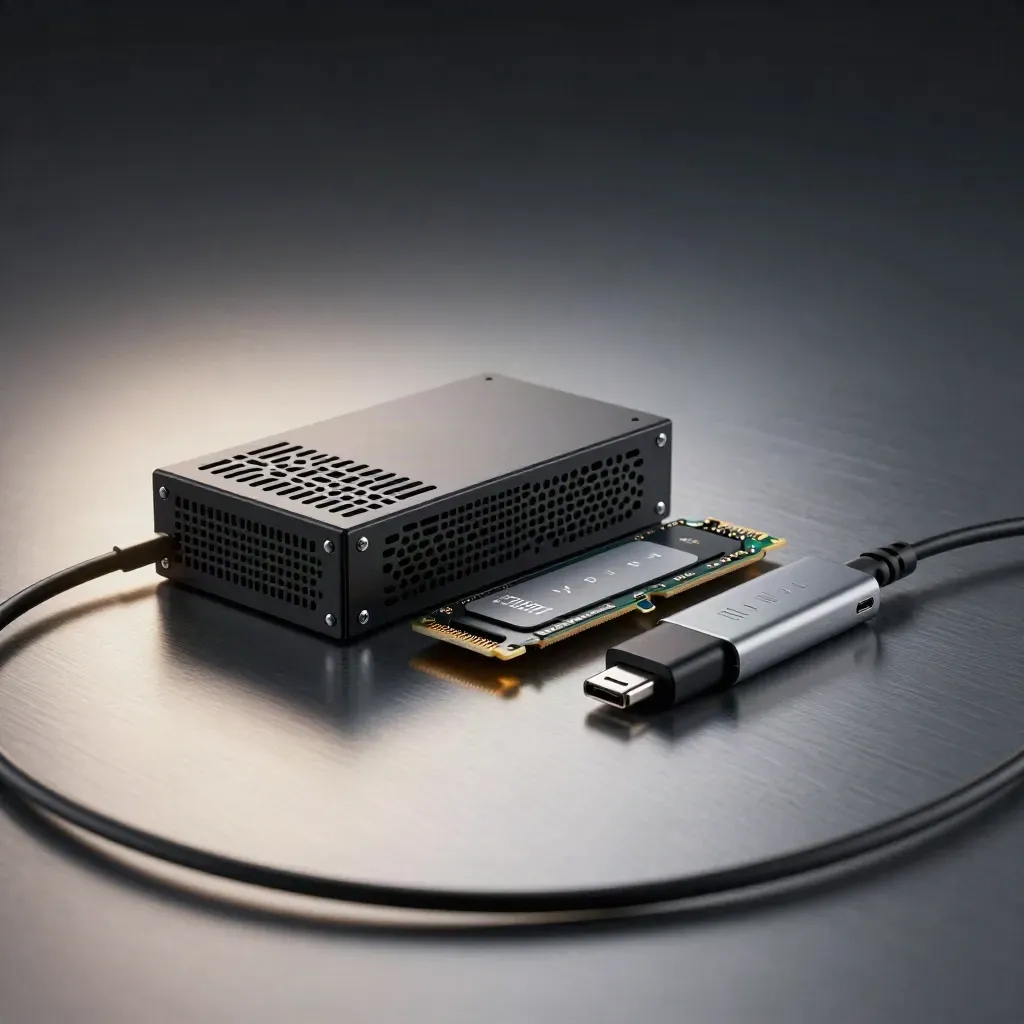 Mini-serwer VPS, dysk NVMe i dwa adaptery USB-C na szczotkowanym metalu.