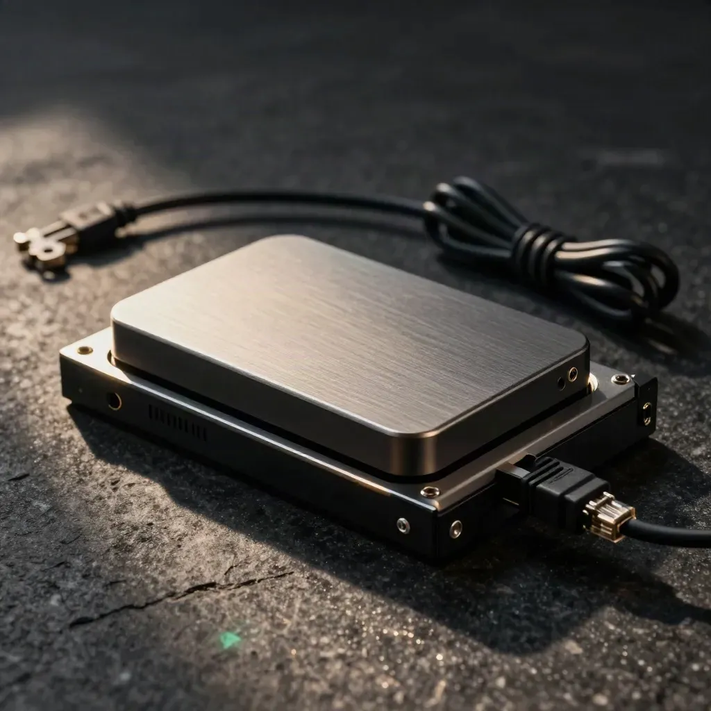 Sealed backup drive w sledzie serwera obok skręconego kabla Ethernet na ciemnym kamieniu.
