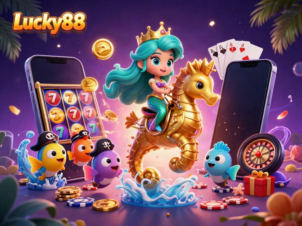 Experience thrilling slots at Lucky88 with a vibrant 3D casino scene featuring a mermaid and magical elements.