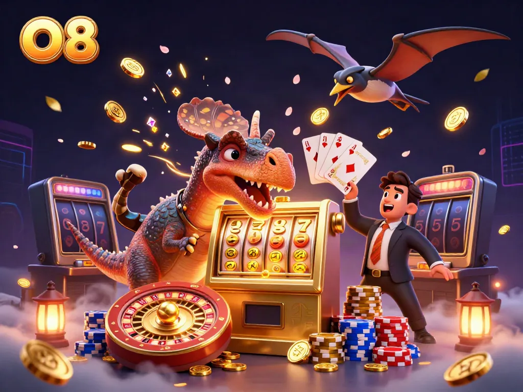 Catch the jackpot at O8 with a pachycephalosaurus, slot machine, and soaring treasures!