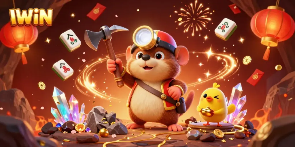 Experience IWIN's thrilling gaming world with a vibrant, colorful treasure hunting scene packed with casino elements.