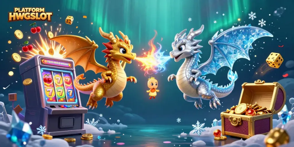 Experience the excitement of PLATFORM HWGSLOT with twin dragons unleashing fire and ice amidst a jackpot explosion.