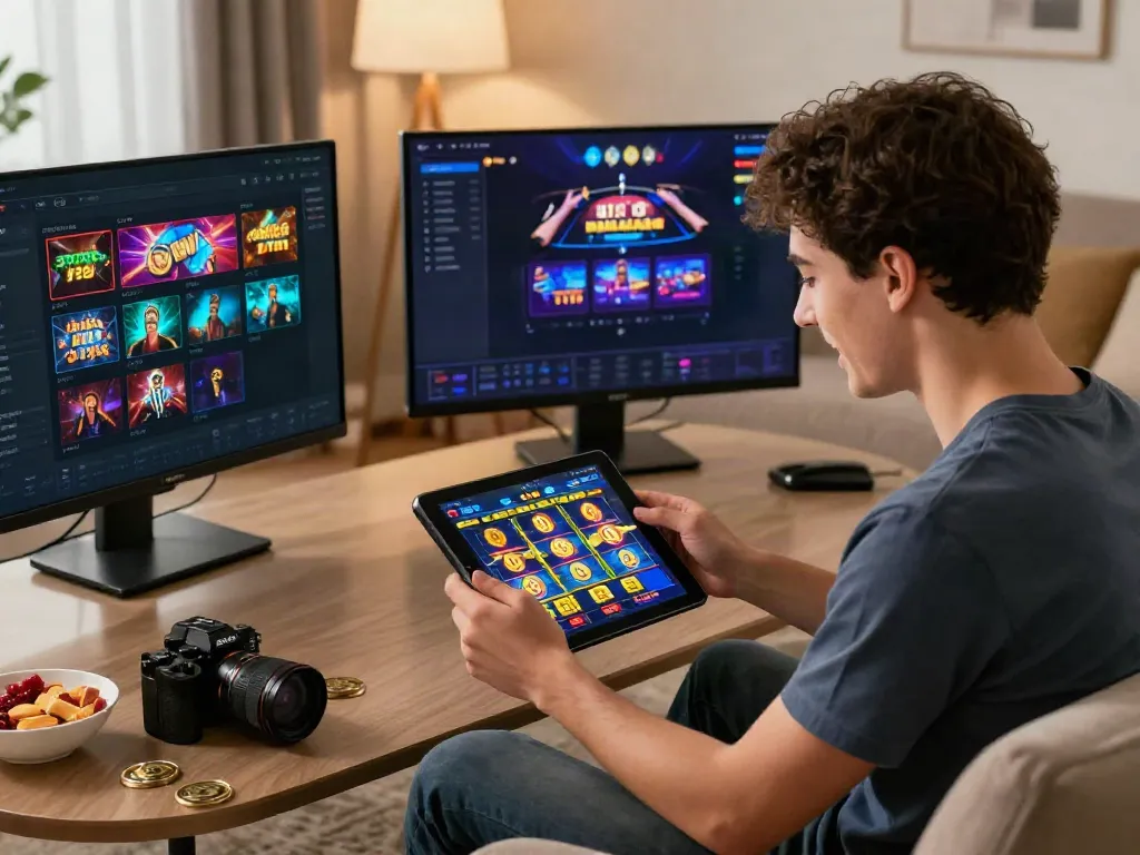 Exciting DA88 online gaming experience with vibrant slot graphics and a player enjoying a tablet.