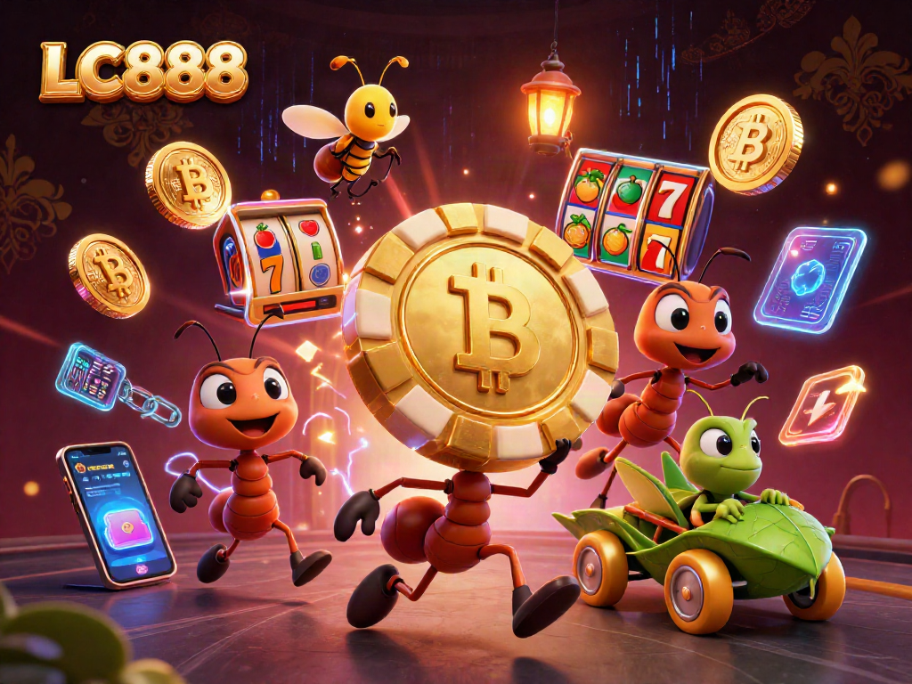 Engage with LC888's thrilling heist scene featuring giant poker chips and vibrant casino elements.