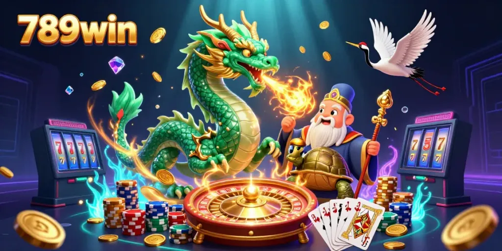 Engage with dynamic 789win scenes featuring a jade dragon, turtle sage, and ornate casino elements.