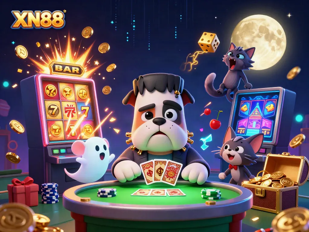 Experience XN88 with an energetic cartoon casino scene featuring vibrant and colorful characters.