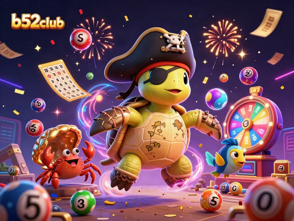 Experience the excitement at b52club with a vibrant scene of colorful lottery elements and cartoon characters celebrating together.