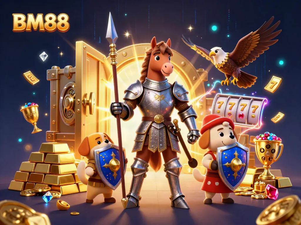 Engage in thrilling gameplay with BM88, featuring knights, treasure, and rich casino elements.