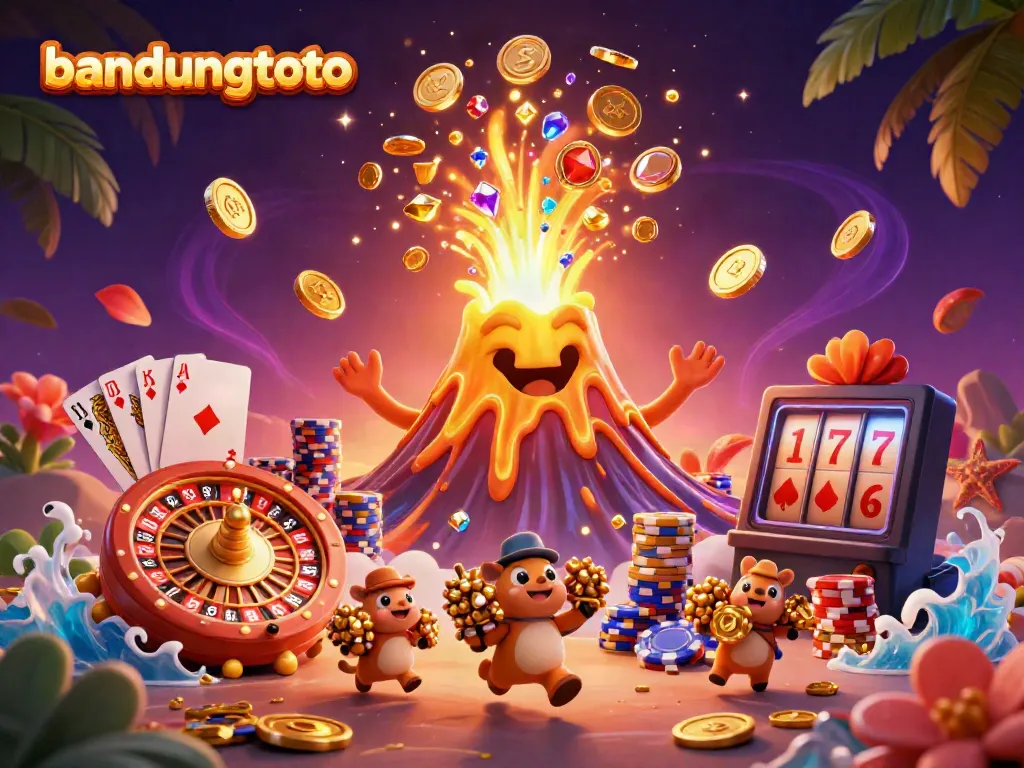 Experience the thrill of winning with bandungtoto in this vibrant 3D casino illustration featuring treasures and games.