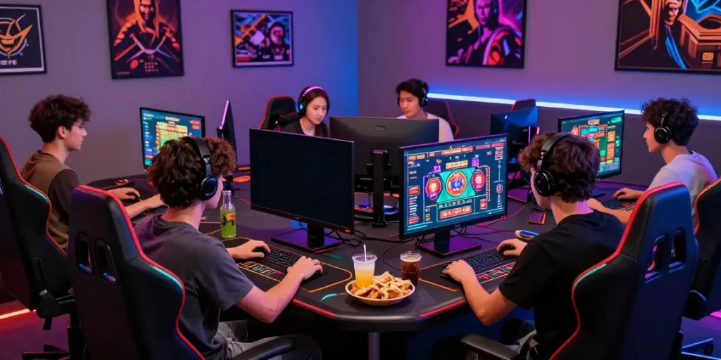 Suasana bermain game online di sapporo88 bersama teman-teman, penuh semangat dan peralatan gaming.