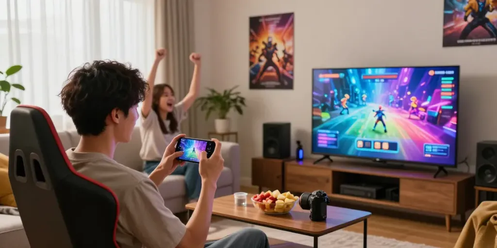 harta88 gaming experience with friends in a vibrant living room