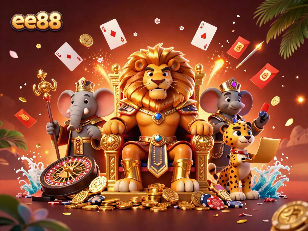 Experience the thrilling action at ee88 with a majestic lion king and lively casino elements.