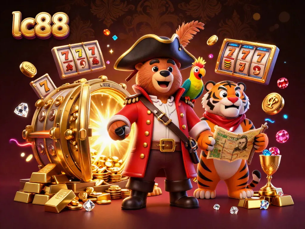 Experience the excitement of lc88 with a vibrant casino-themed 3D scene featuring an illustrated pirate bear and treasures.