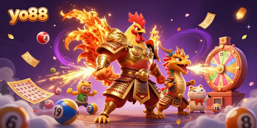 Engage with yo88's thrilling gameplay as a fighting rooster and dragon bring excitement to the casino.