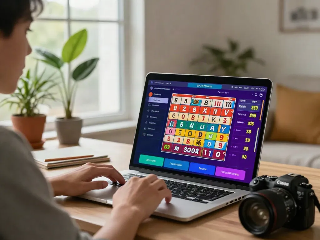 User playing an online bandar togel game on a laptop in a cozy home setting.