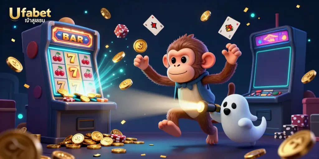 Experience the thrilling Ufabet เข้าสู่ระบบ with a playful poltergeist monkey and a curious puppy hunting for treasures.