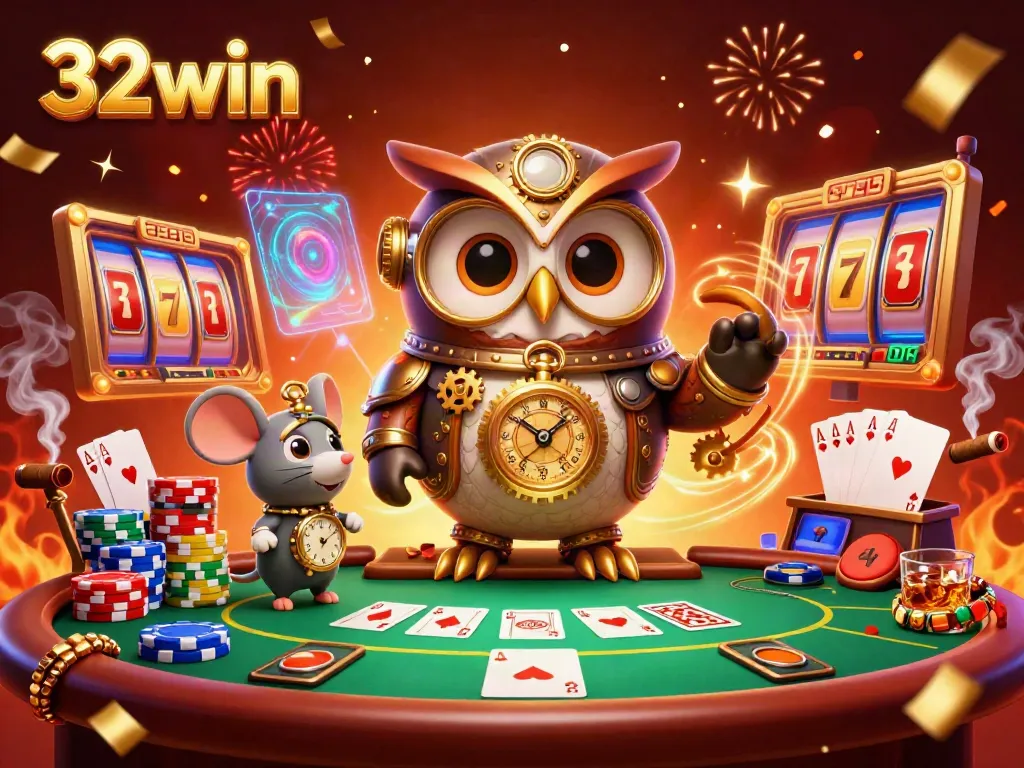 Engage with the thrilling world of 32win casino featuring vibrant steampunk illustrations, poker elements, and festive celebrations.
