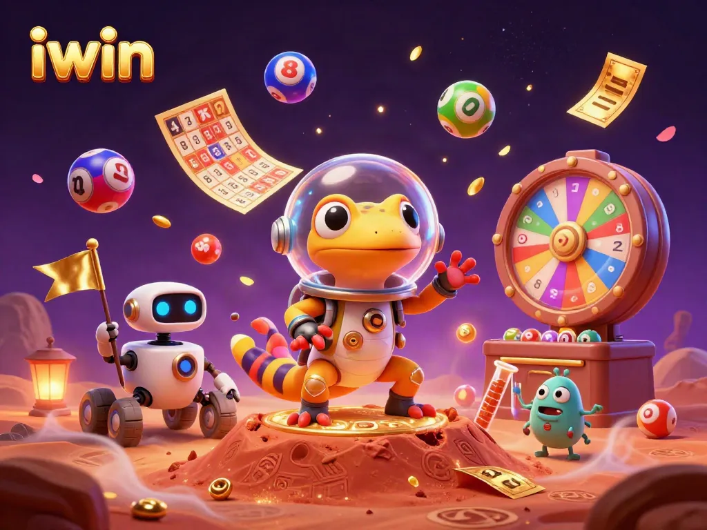 Experience iwin as Martian gecko discovers a hidden casino with lottery excitement and vibrant game elements.