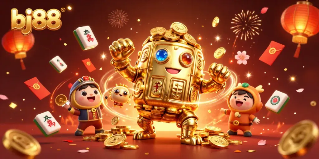 Engage in exciting gameplay with bj88, featuring a golden golem and festive gambling elements in a vibrant scene.