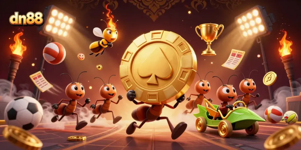 Engage in thrilling gameplay with dn88, featuring ants on a heist with a giant golden chip.
