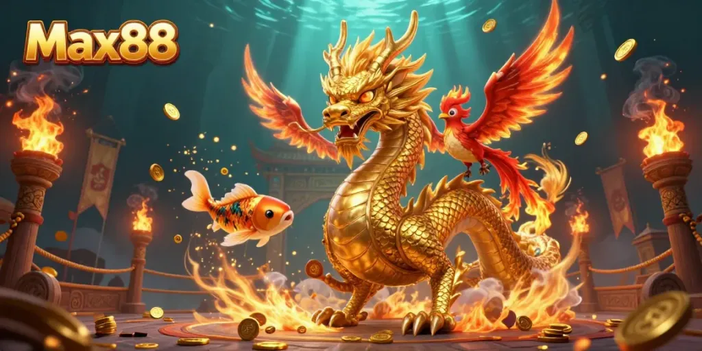 Max88 showcases a captivating scene with a golden dragon and phoenix amidst a rich casino world filled with coins.