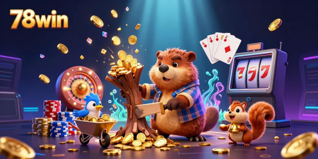 Engage in gaming excitement with 78win as a beaver collects golden coins in a magical casino scene.