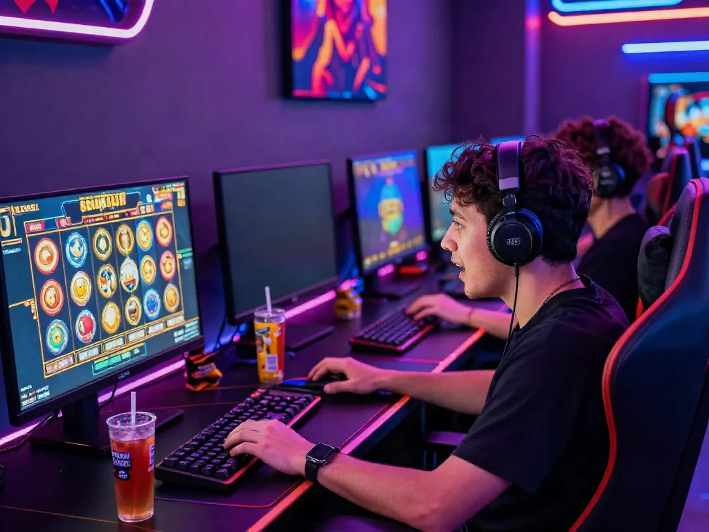 Engaged player enjoying a slot gacor game with vibrant lights and gaming setup