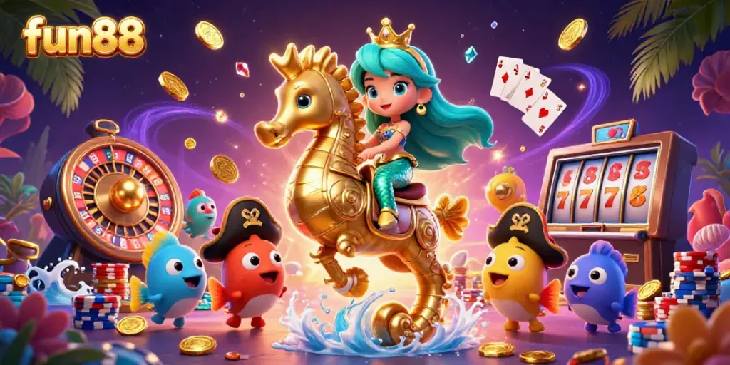 Immerse in fun88's vibrant 3D casino world with a mermaid, seahorse, and treasures.