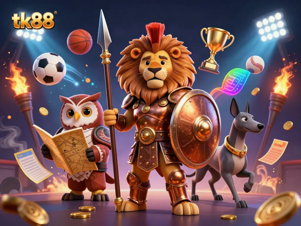 Experience thrilling action with tk88 in a vibrant 3D casino scene featuring a Spartan lion and dynamic sports elements.