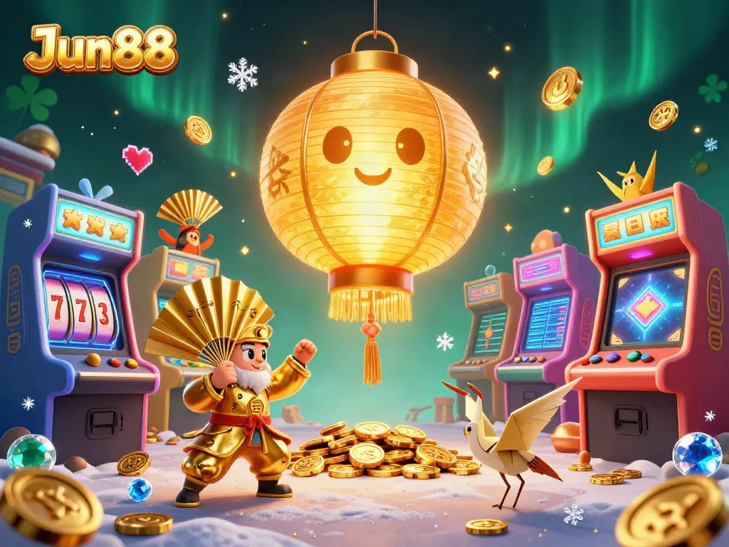Experience the vibrant world of Jun88 with a glowing lantern spirit, gold-themed casino elements, and arcade games.