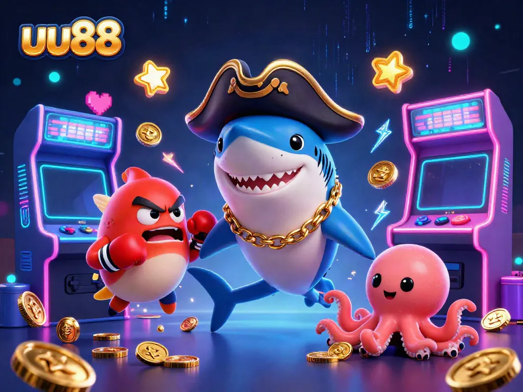 Join the fun with uu88's cartoon pirate shark and friends as they celebrate online gaming and casino gaming.