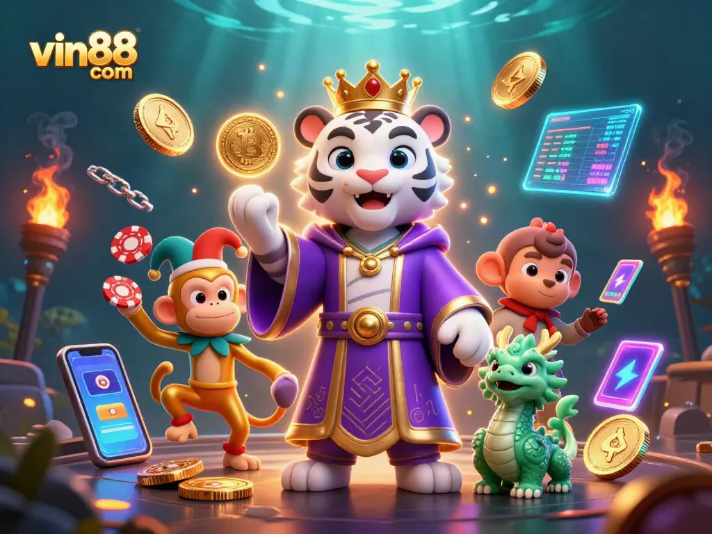 Experience thrills with vin88 com in a vibrant casino scene featuring a royal tiger, jester monkey, and jade dragon surrounded by crypto elements.