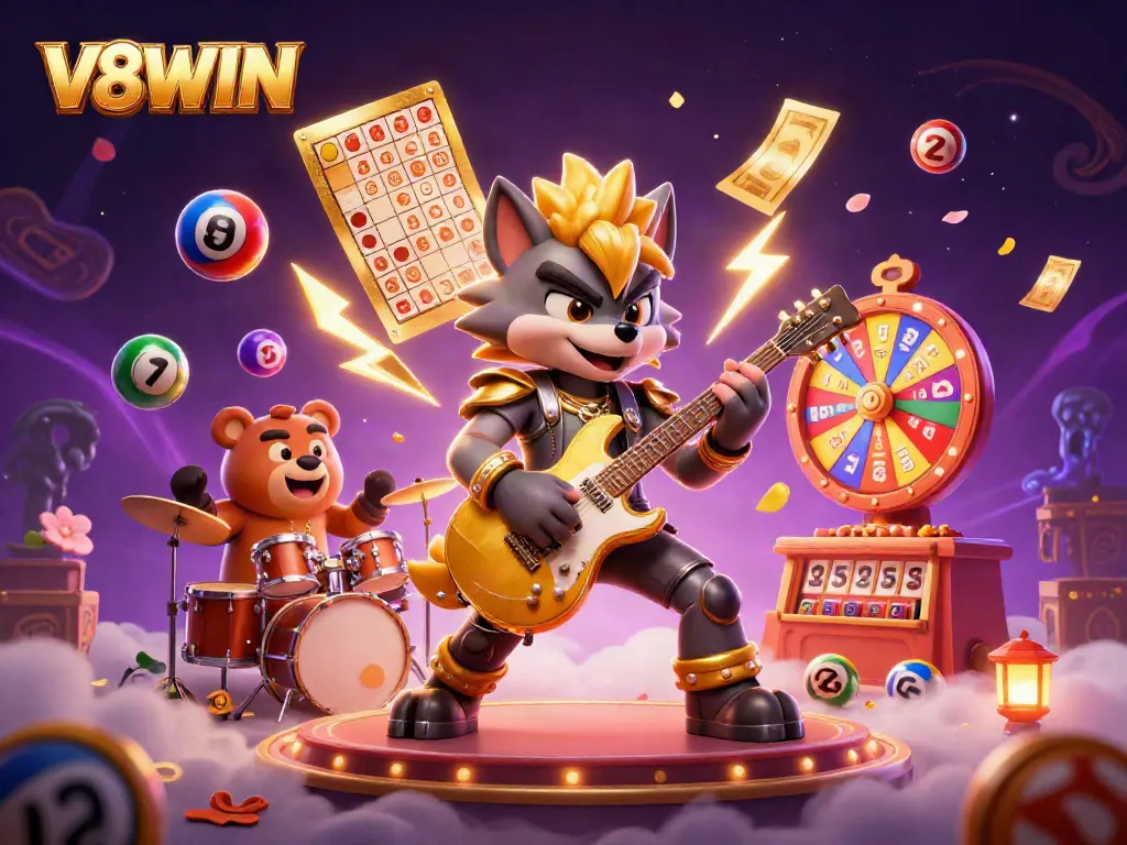 Experience dynamic gaming energy with V8WIN's vibrant casino stage scene featuring colorful lottery elements.