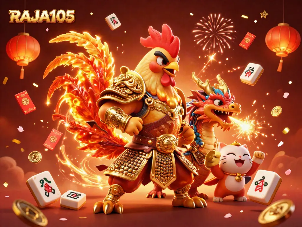 Engage with RAJA105 through an animated scene featuring casino elements and iconic characters.