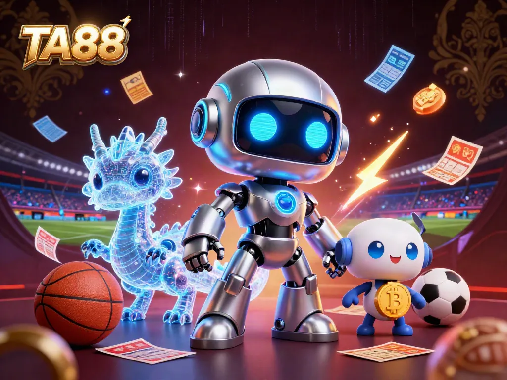 TA88 sports betting scene with a cyberpunk robot and AI dragon, vibrant gambling elements.