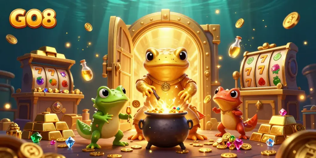 GO8 showcases a vibrant casino scene with golden treasures and lucky symbols, enriching the gaming experience.