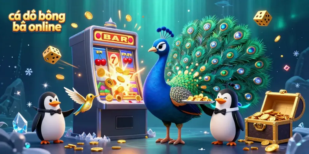 Experience cá độ bóng đá online with lively characters and dynamic casino elements in an engaging illustration.