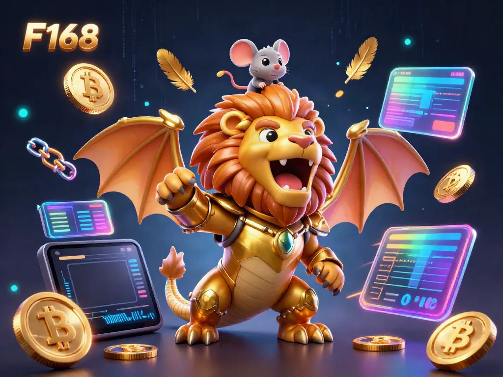 Experience F168 with a roaring chimera in golden armor amidst floating crypto coins and neon effects.