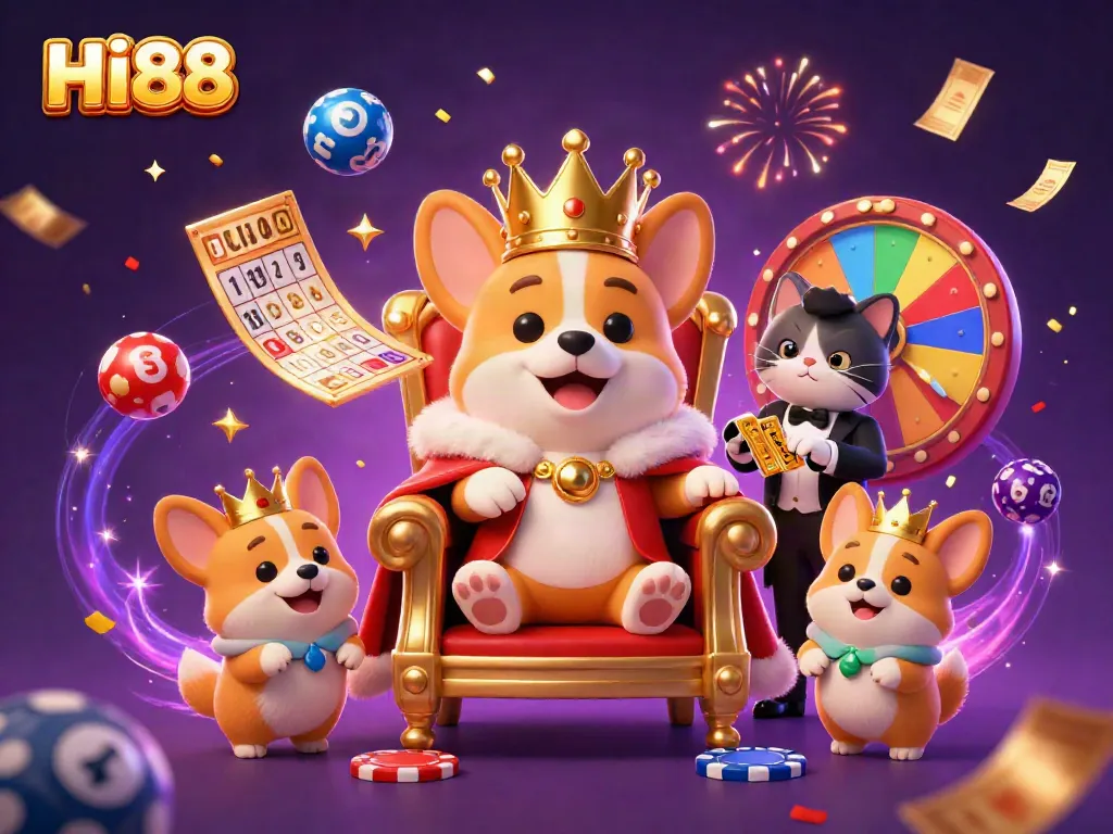 Engage with HI88's vibrant casino world, where a royal corgi reigns on poker chips amid colorful lottery elements.