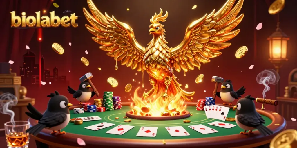 Experience biolabet with a vibrant poker scene featuring a molten metal phoenix and dynamic game elements.