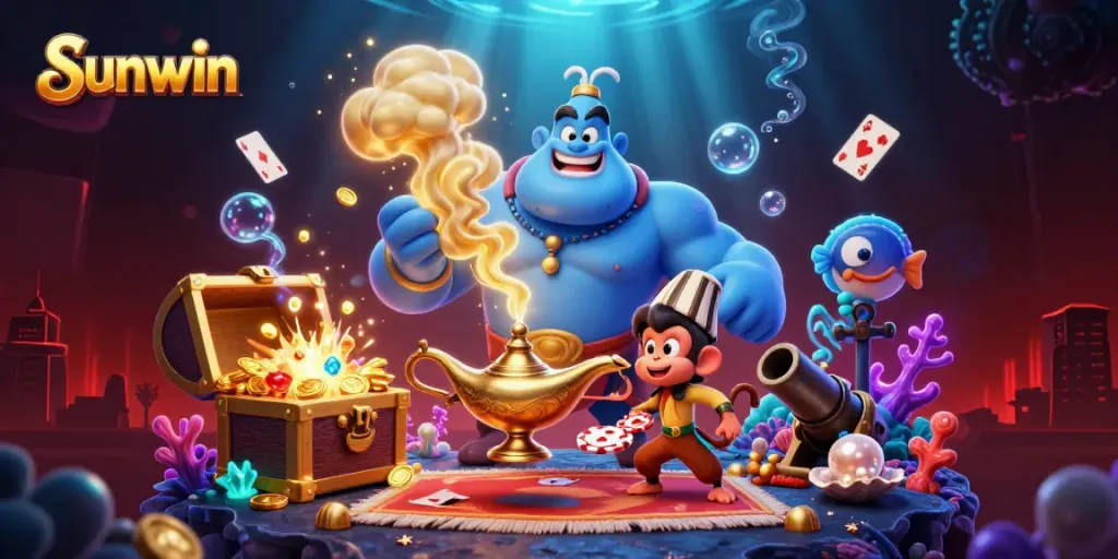 Engage with Sunwin in a vibrant 3D casino illustration showcasing a genie, monkey, and poker chips.