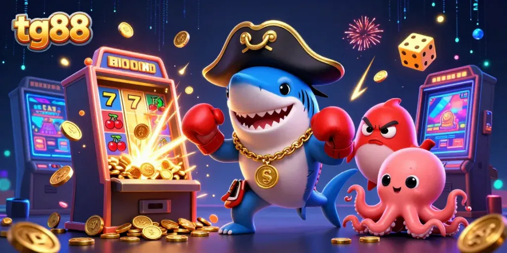 Engage with tg88's thrilling casino adventures featuring a cheerful pirate shark, boxing pufferfish, and octopus holding gold coins amidst slot machine excitement.
