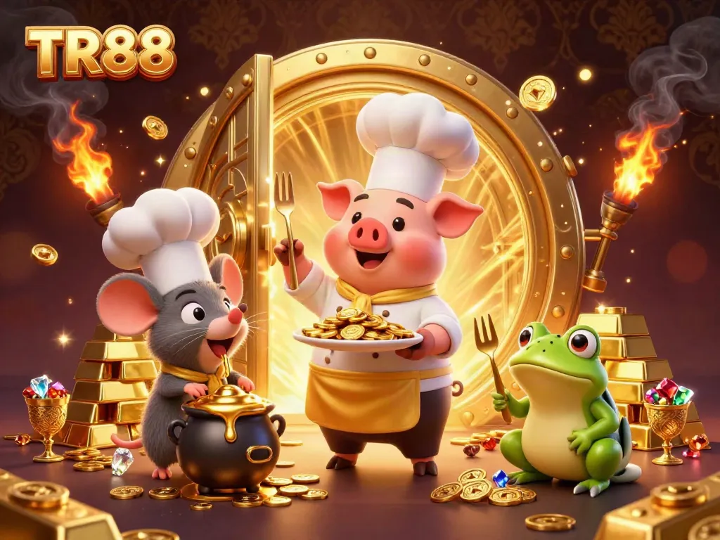 Experience TR88 with a vibrant casino scene featuring a chef pig, sous-chef mouse, and critic frog, celebrating with gold coins and treasures.